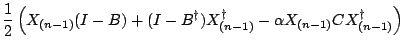 $\displaystyle \frac{1}{2} \left( X_{(n-1)}(I-B)
+ (I-B^{\dag })X_{(n-1)}^{\dag }
- \alpha X_{(n-1)}CX_{(n-1)}^{\dag } \right)$