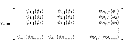 \begin{displaymath}
Y_{\uparrow}=\left[\begin{array}{rrrr}
\psi_{1,\uparrow}(\p...
...{N_{\uparrow},\uparrow}(\phi_{N_{basis}})
\end{array} \right]
\end{displaymath}